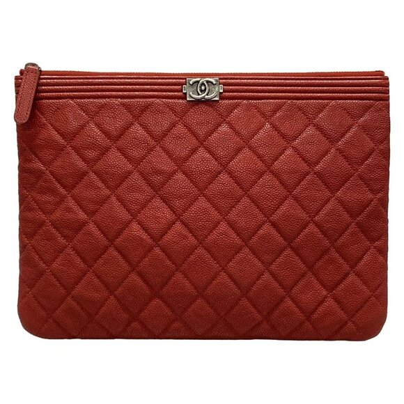 Auth CHANEL Boy Chanel / Matelasse Red Calfskin Clutch Bag - Picture 1 of 16